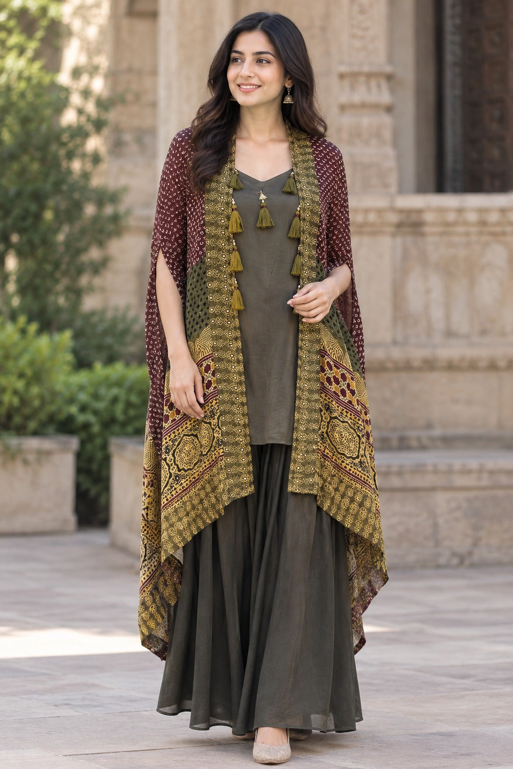 Green & Mehndi Pure Crape Ajrakh Print Indo-Western Dress with Cape Jacket