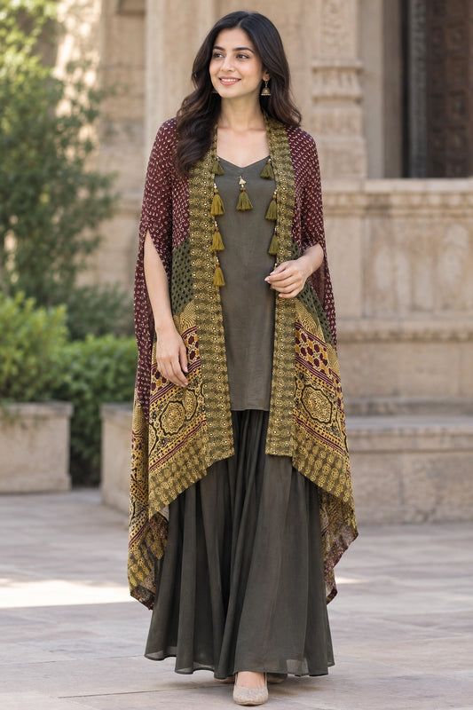 Green & Mehndi Pure Crape Ajrakh Print Indo-Western Dress with Cape Jacket