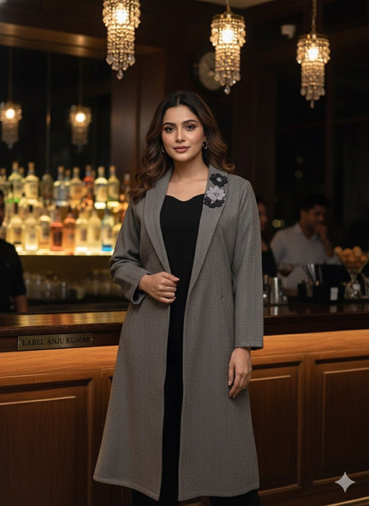 Grey Woollen 3-Piece Winter Dress Set with Tweed Long Jacket – Women’s Winter Ethnic Wear