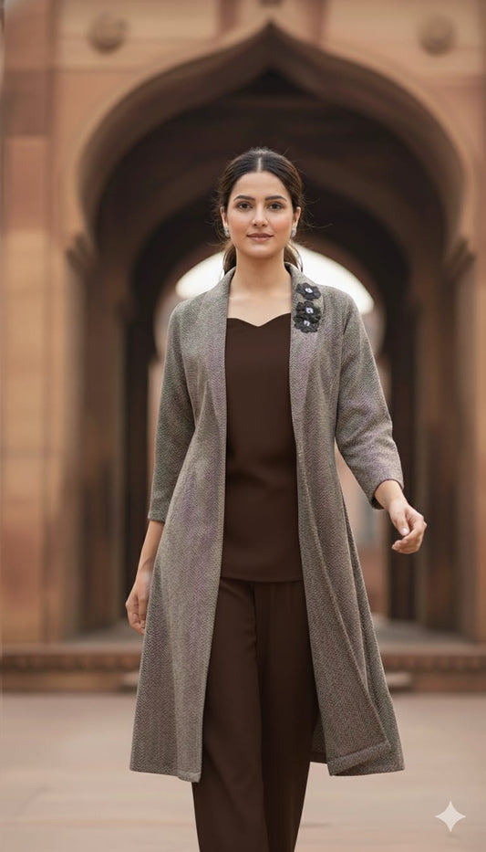 Brown Woollen 3-Piece Winter Dress Set with Tweed Jacket – Women’s Ethnic Wear