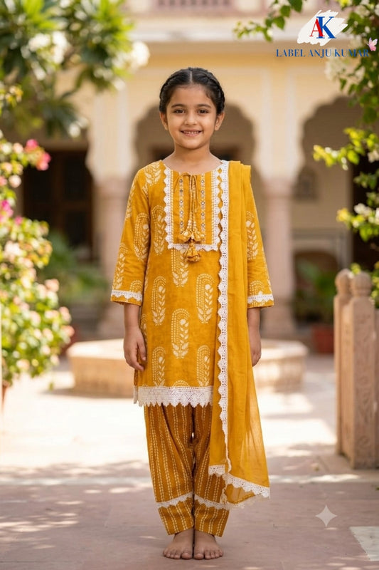 Mustard Yellow Pure Handloom Cotton Farshi Salwar Suit Set for Girls | 7–18 Years