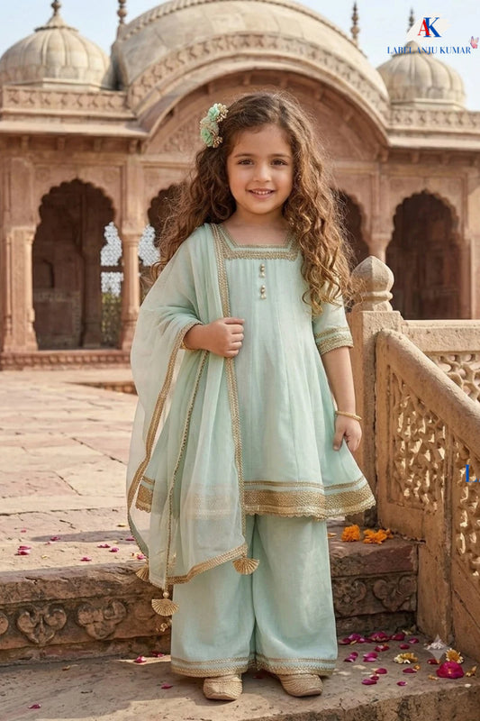 Green, Baby Pink & Cream Pure Chinnon Anarkali Suit for Girls with Lace Detailing & Net Dupatta