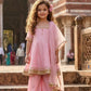Green, Baby Pink & Cream Pure Chinnon Anarkali Suit for Girls with Lace Detailing & Net Dupatta
