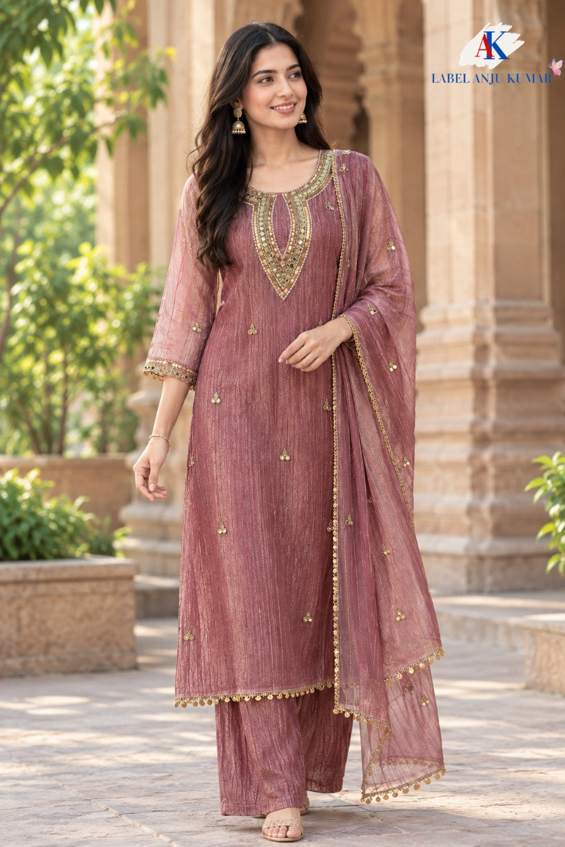 Pinkish/Light Wine Salsa Tissue Semi Formal Suit Dupatta Set for Women | Handwork Neck