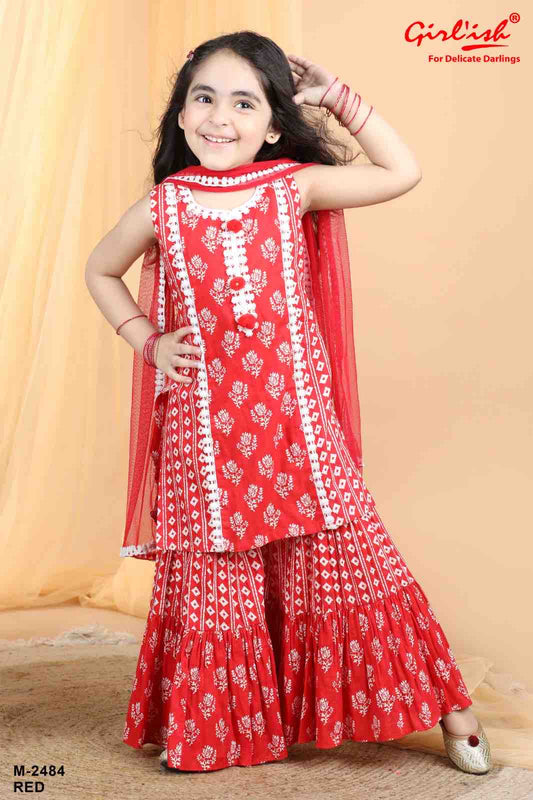 Red Cotton Printed Sharara Suit with Dupatta – Kids Ethnic Summer Wear | Label Anju Kumar