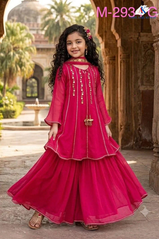 Magenta Pure Chinon Girls Anarkali Sharara Suit with Dupatta