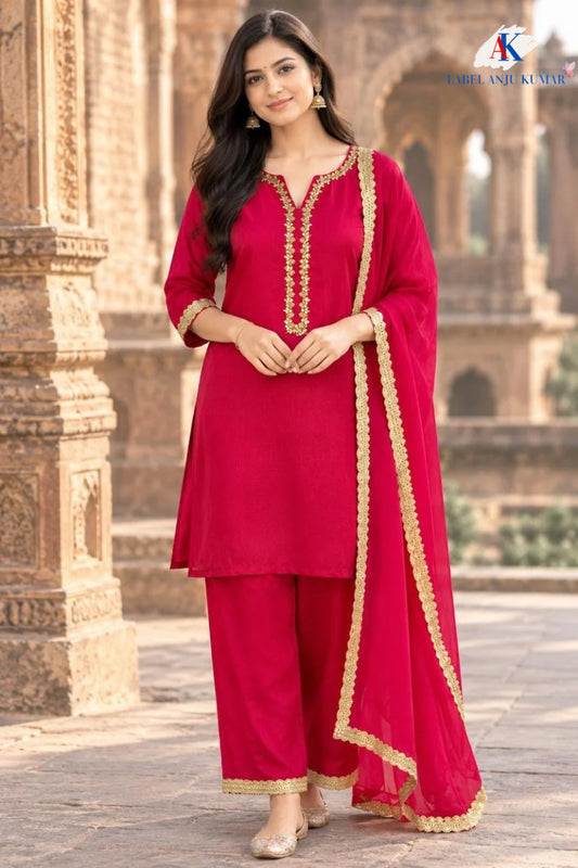 Magenta, Maroon & Blue Pure Chinon Short Length Party Wear Suit with Embroidered Neck & Lace Dupatta