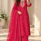 Magenta,Blue & Red Dola Silk Festive Straight Suit with Hand Embroidery & Organza Cutwork Dupatta