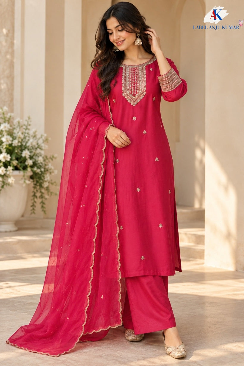 Magenta,Blue & Red Dola Silk Festive Straight Suit with Hand Embroidery & Organza Cutwork Dupatta