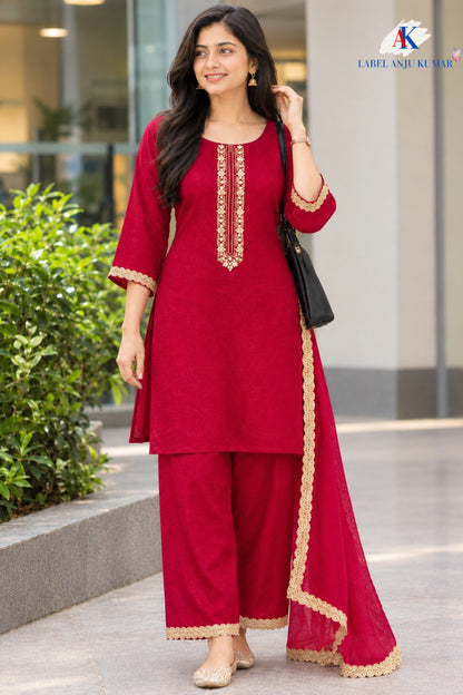 Magenta, Maroon &  Blue Pure Chinon Short Length Party Wear Suit with Embroidered Neck & Lace Dupatta