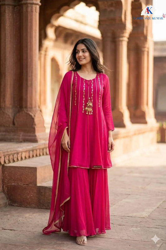 Magenta Pure Chinon Short Anarkali Suit with Sharara & Dupatta