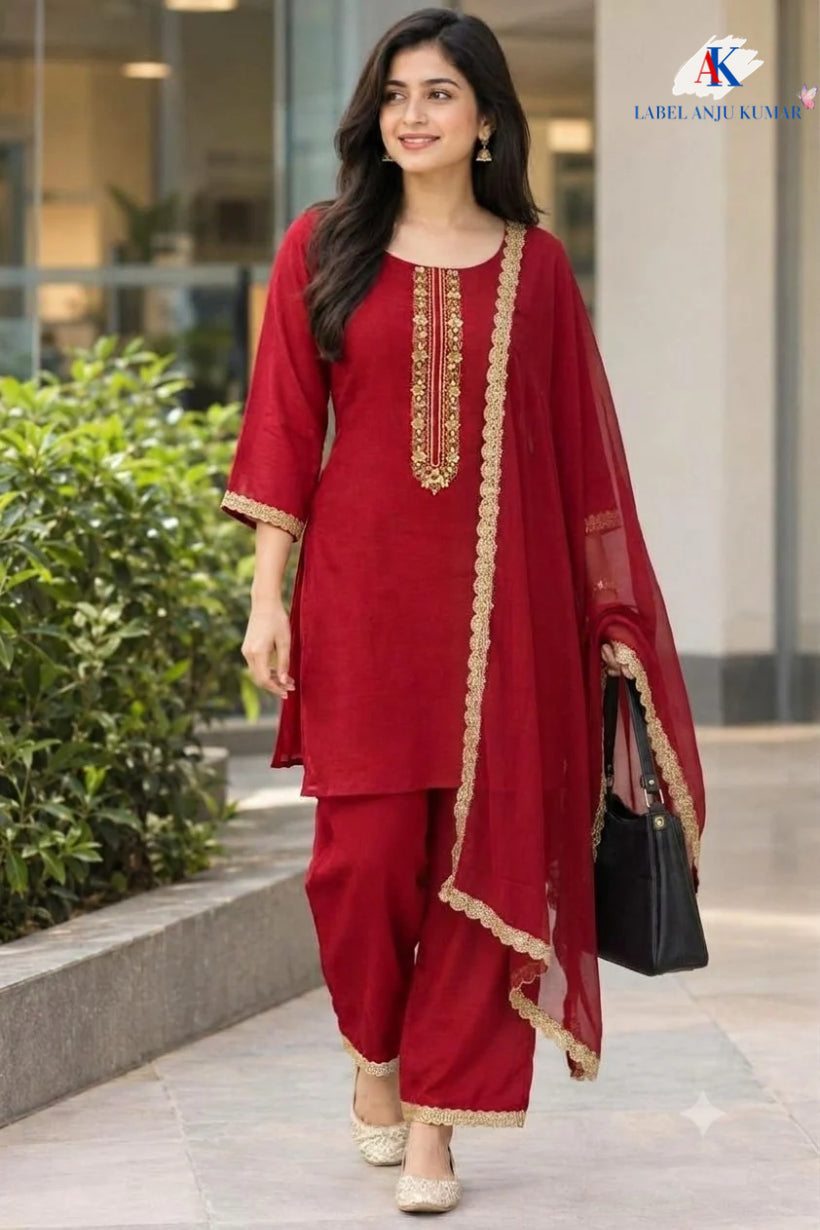 Magenta, Maroon &  Blue Pure Chinon Short Length Party Wear Suit with Embroidered Neck & Lace Dupatta