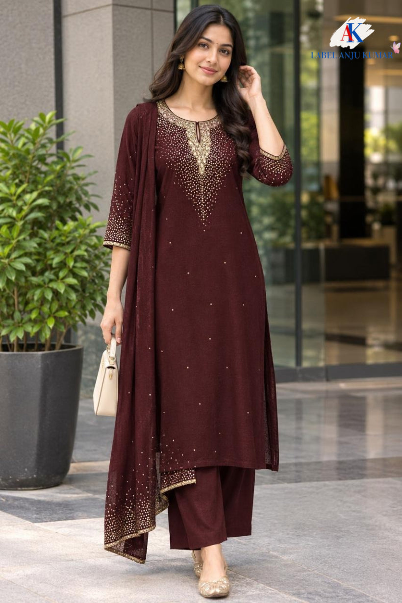 Majinta, Red, Brown & Mehroon Pure Chinon Handwork Straight Suit Dupatta Set | Des.no-12127