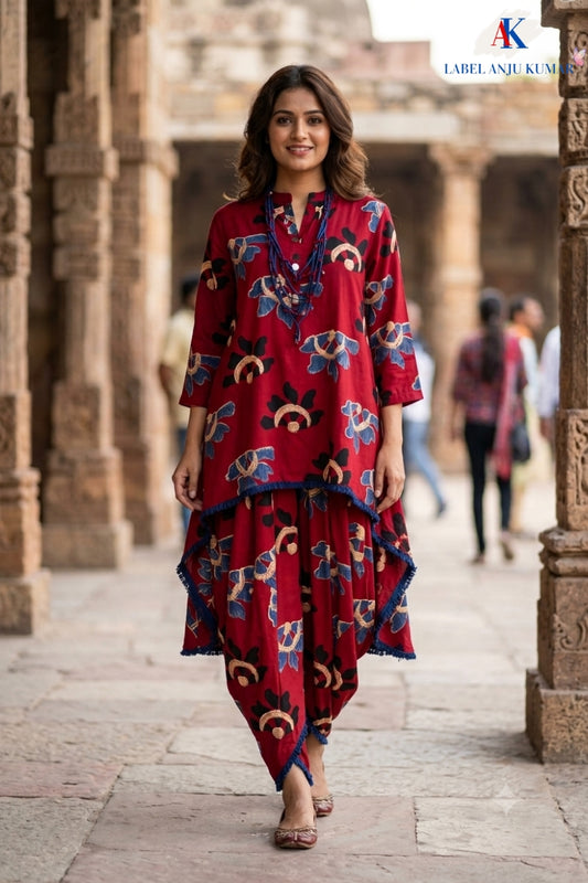 Red Modal Rayon Indo-Western One Piece Long Dress with Handmade Necklace