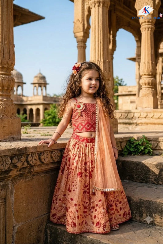 Peach Pure Cotton Diwali Lehenga Choli for Girls | New Born to 7 Years