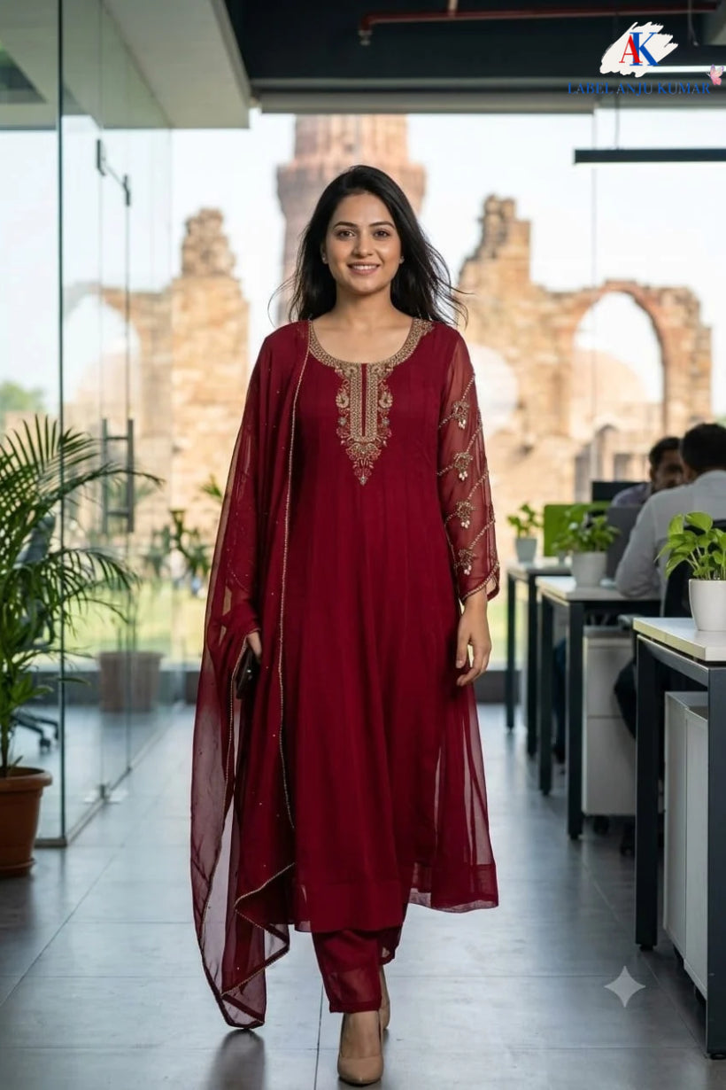 Black & Mehroon Pure Georgette Semi-Formal Anarkali Suit with Hand Embroidery