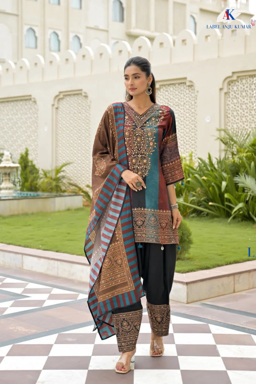 Mehroon & Green Dola Silk Designer Farshi Salwaar Suit Set