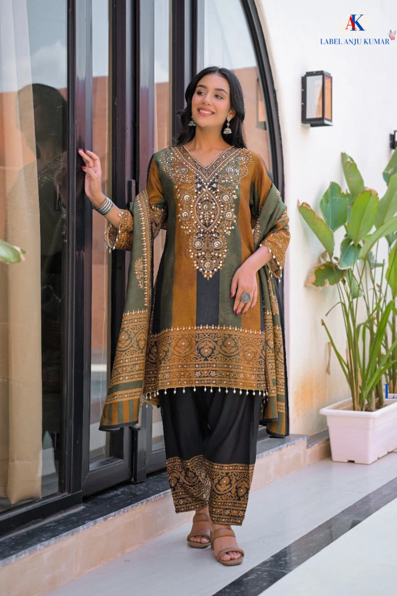 Mehroon & Green Dola Silk Designer Farshi Salwaar Suit Set