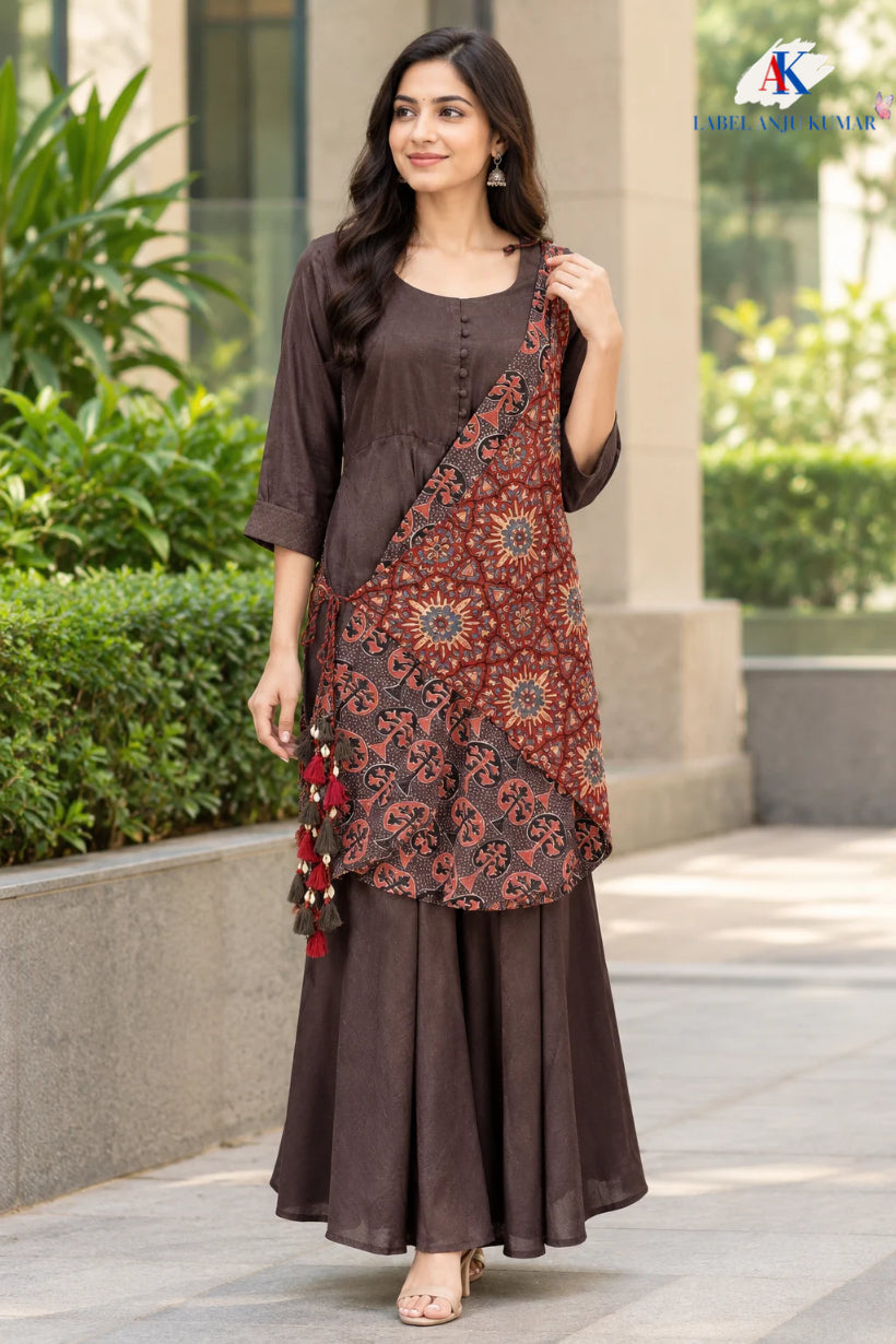 Brown Modal Indo-Western One Piece Dress with Ajrakh Reversible Scarf