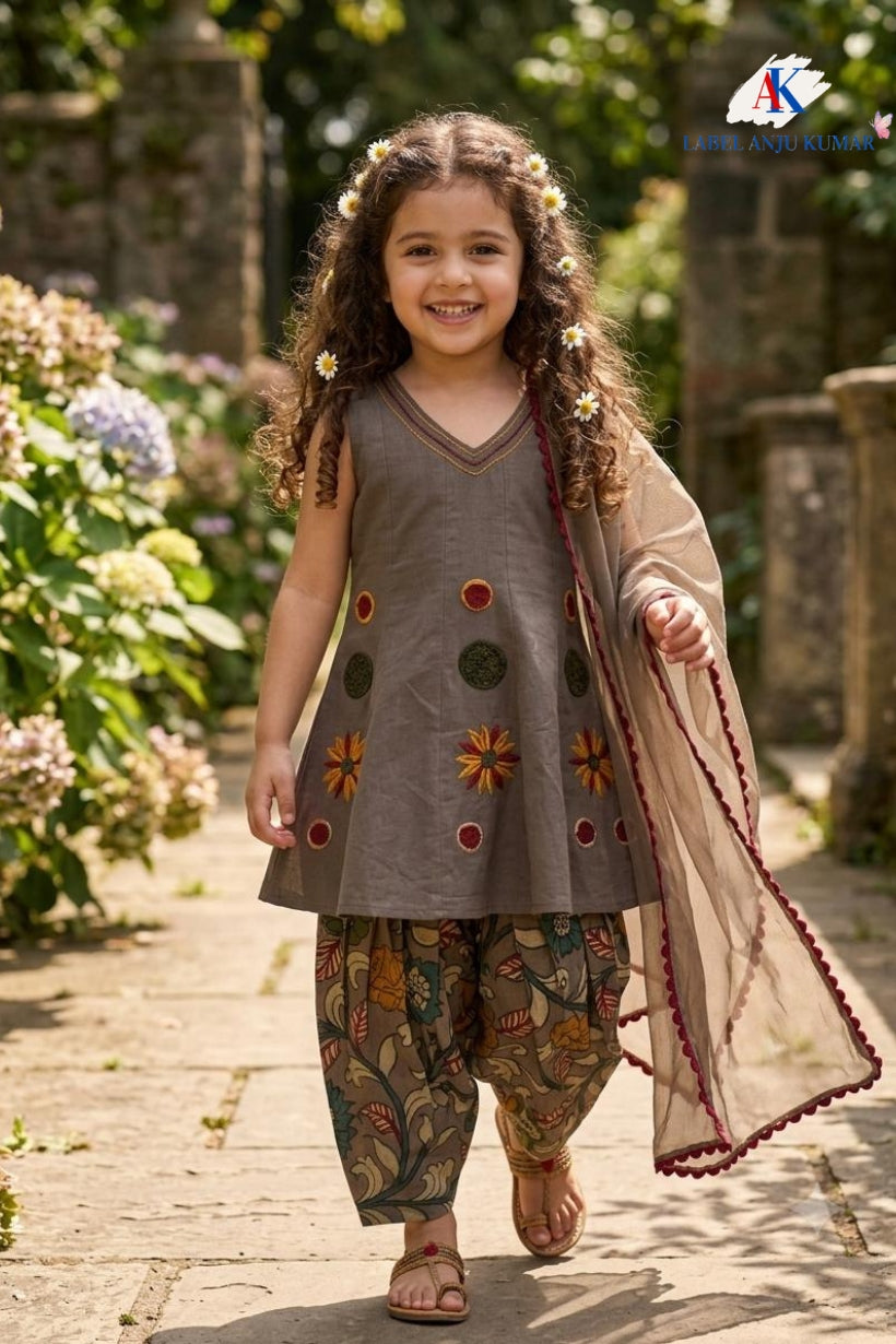 Pure Cotton Kids Anarkali with Printed Farshi Salwaar – Mouse | Thread & Mirror Work