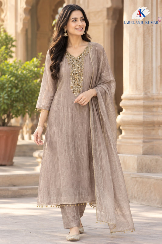 Mouse Salsa Tissue Semi Formal Suit Dupatta Set for Women | Handwork Neck