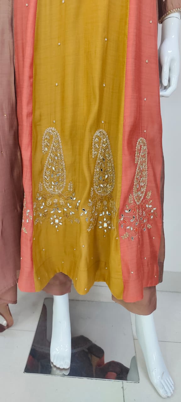 Multicolour Pure Mal Chanderi Anarkali Suit with Hand Embroidery