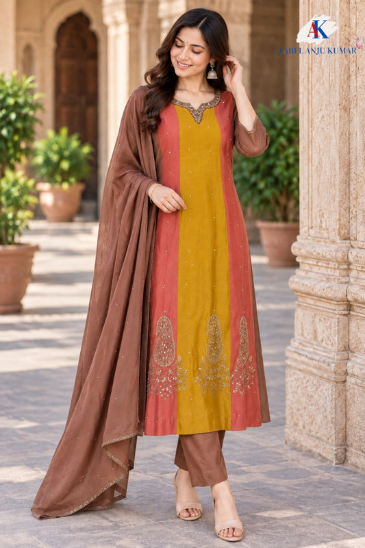 Multicolour Pure Mal Chanderi Anarkali Suit with Hand Embroidery