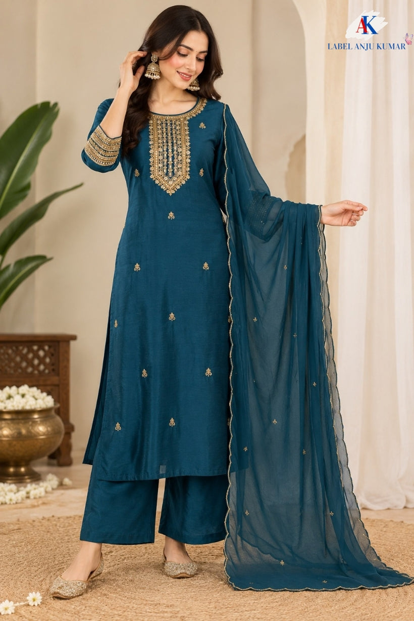 Magenta,Blue & Red Dola Silk Festive Straight Suit with Hand Embroidery & Organza Cutwork Dupatta
