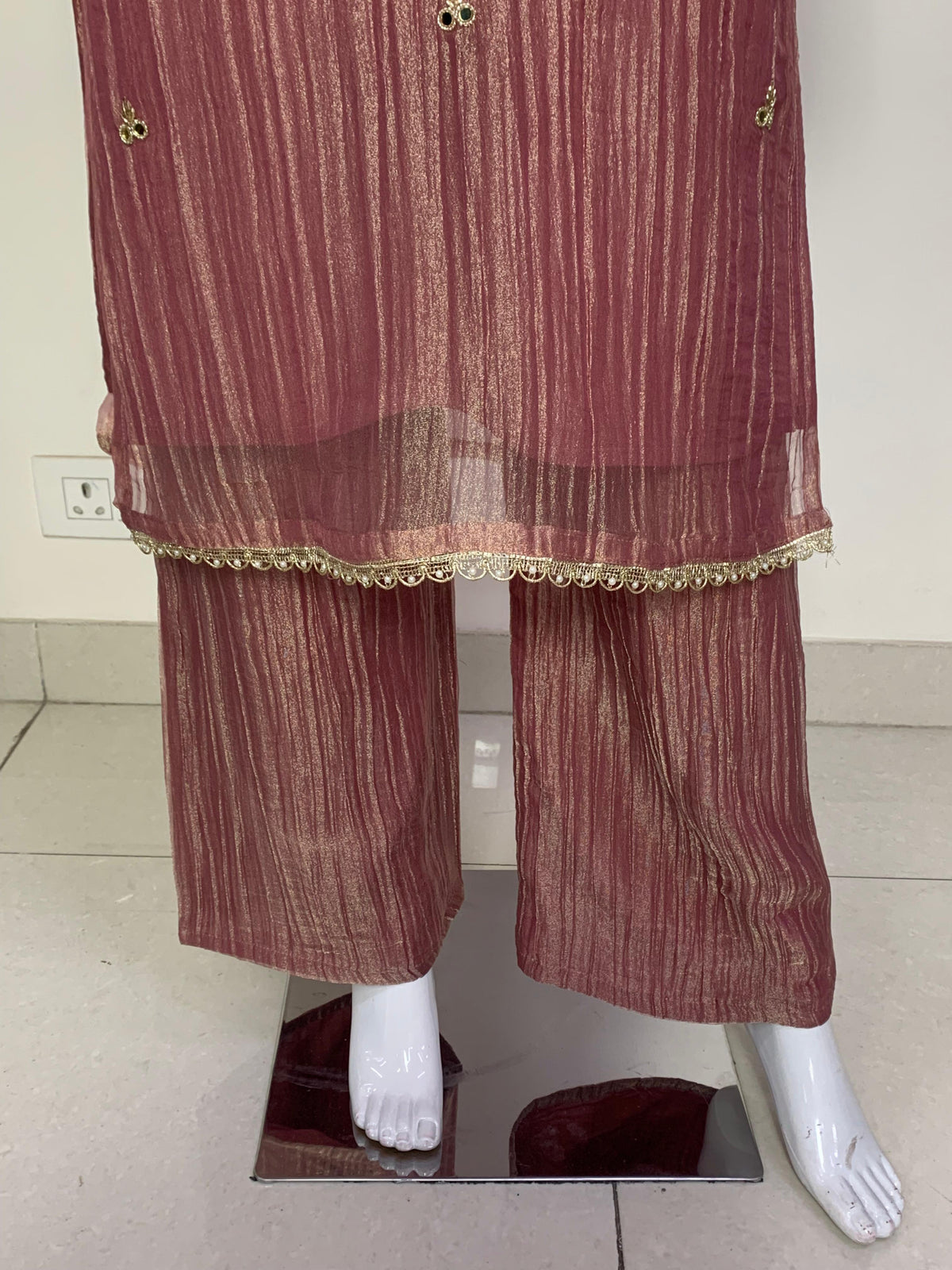 Pinkish/Light Wine Salsa Tissue Semi Formal Suit Dupatta Set for Women | Handwork Neck