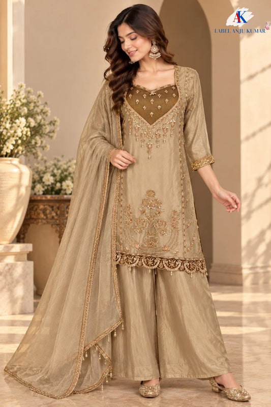 Coffee,Beige & Light Ivory Premium Tissue Semi-Formal Suit with Hand Embroidery & Lace Dupatta