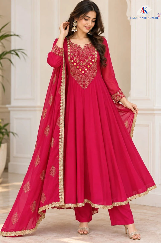 Majenta & Black Pure Chinon Anarkali Suit with Zari & Mirror Work and Organza Dupatta
