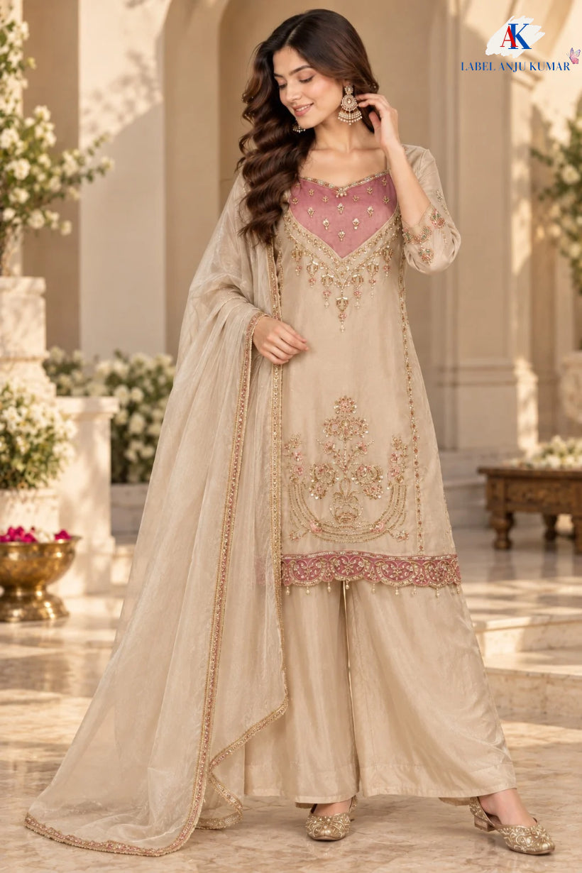 Coffee,Beige & Light Ivory Premium Tissue Semi-Formal Suit with Hand Embroidery & Lace Dupatta