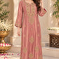 Blue,Pink,Green & Light Beige Shimmer Tissue One-Piece Party Wear Dress with Jhumka Hand Embroidery