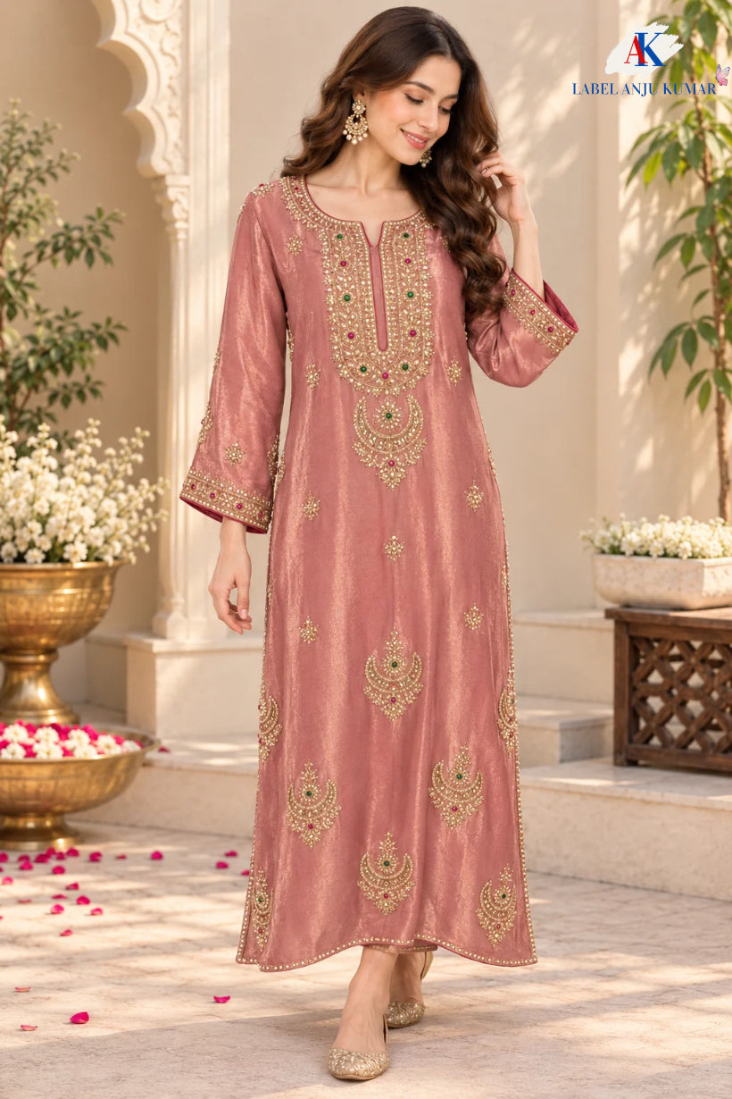 Blue,Pink,Green & Light Beige Shimmer Tissue One-Piece Party Wear Dress with Jhumka Hand Embroidery