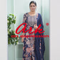 Navy Blue Floral Cotton Anarkali Suit with Mirror Work & Dupatta