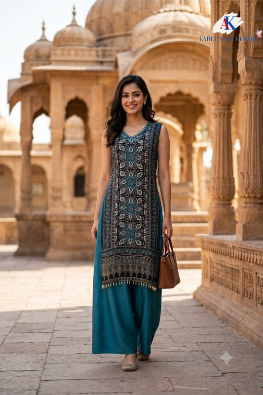 Rama Pure Crepe Ajrakh Indo-Western Co-ord Set with Hand Embroidery