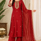 Magenta,Blue & Red Dola Silk Festive Straight Suit with Hand Embroidery & Organza Cutwork Dupatta