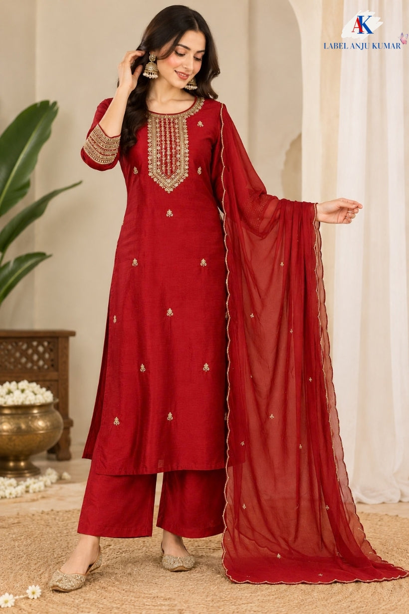 Magenta,Blue & Red Dola Silk Festive Straight Suit with Hand Embroidery & Organza Cutwork Dupatta