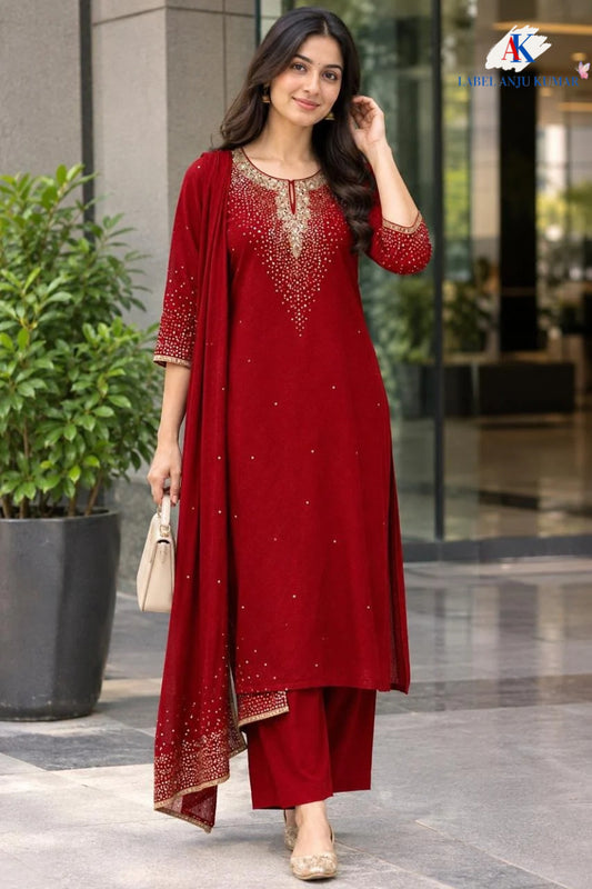 Majinta, Red, Brown & Mehroon Pure Chinon Handwork Straight Suit Dupatta Set | Des.no-12127