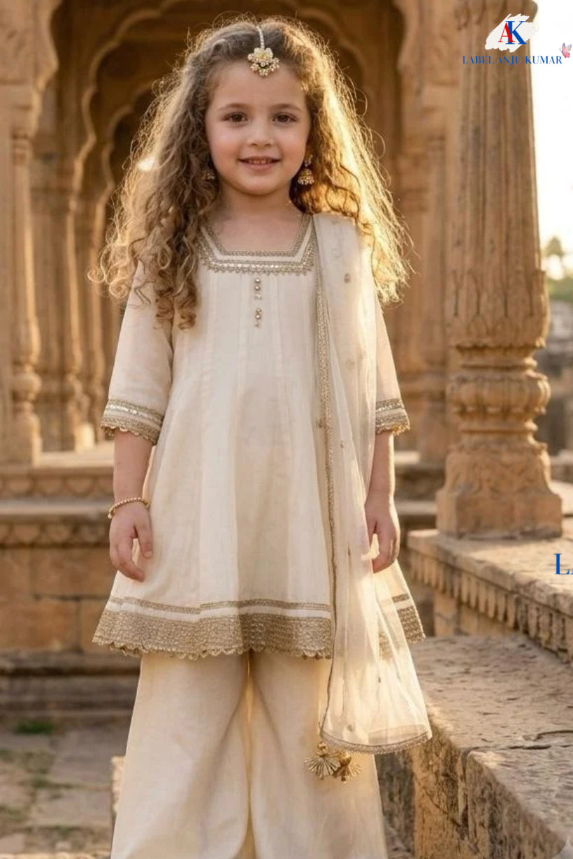Green, Baby Pink & Cream Pure Chinnon Anarkali Suit for Girls with Lace Detailing & Net Dupatta