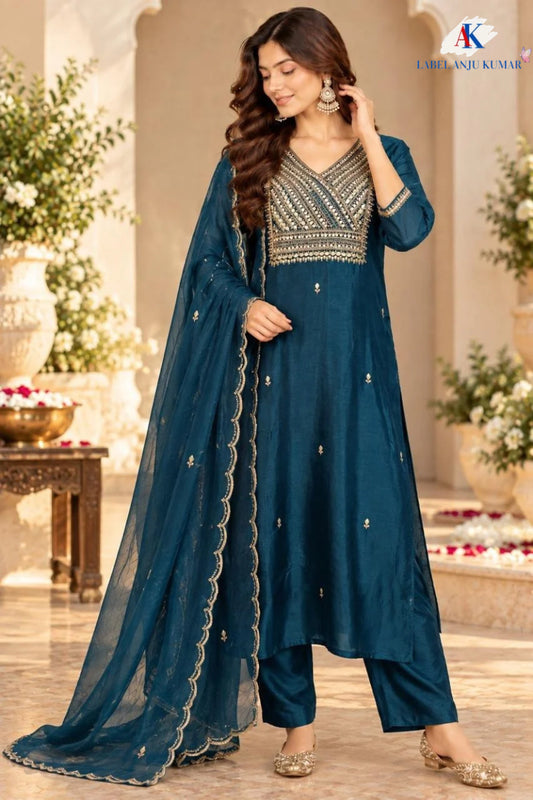 T-Blue, Wine & Brown Pure Dola Silk Semi-Formal Suit with Hand Thread & Zari Work