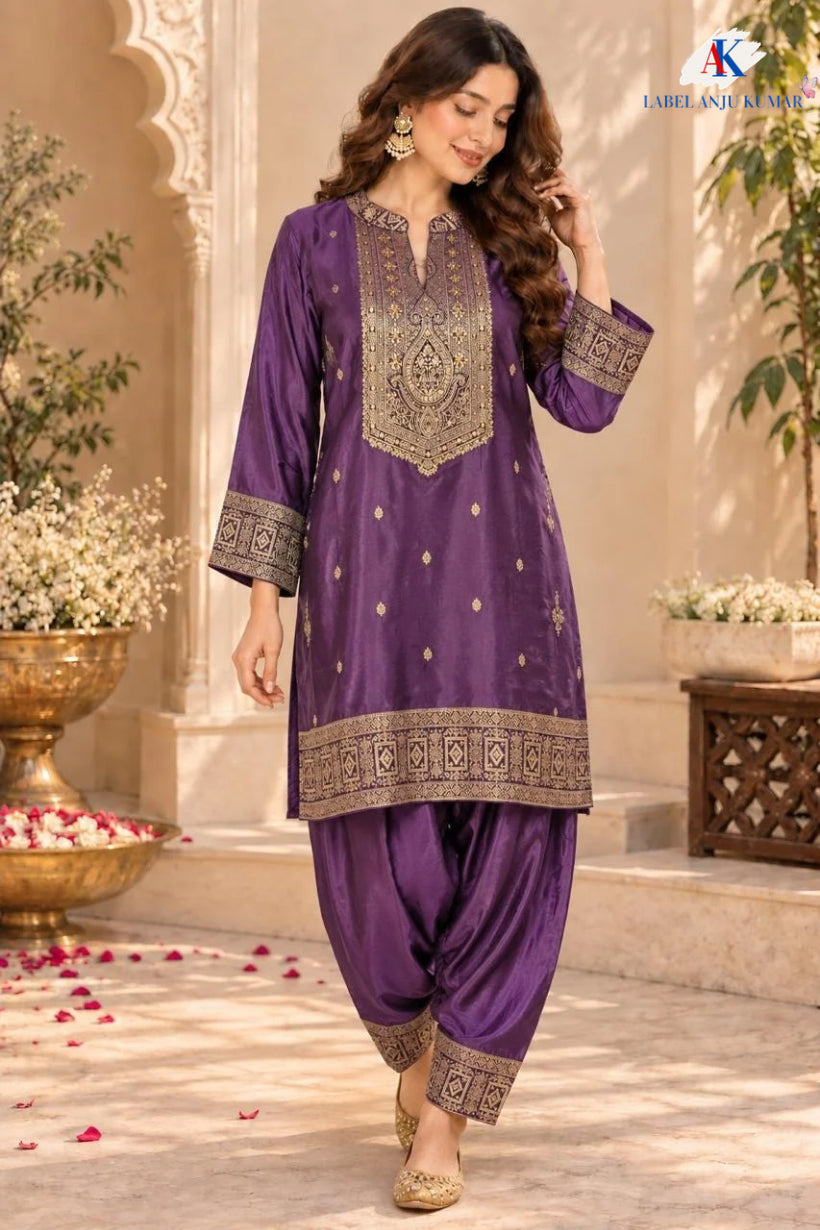 Wine Dola Silk Banarasi Jacquard Farshi Salwar Set